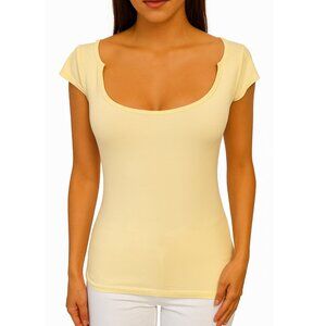 Vintage Y2K Pastel Yellow Top Scoop Neck Casual Minimalist T Shirt Cute Sz S